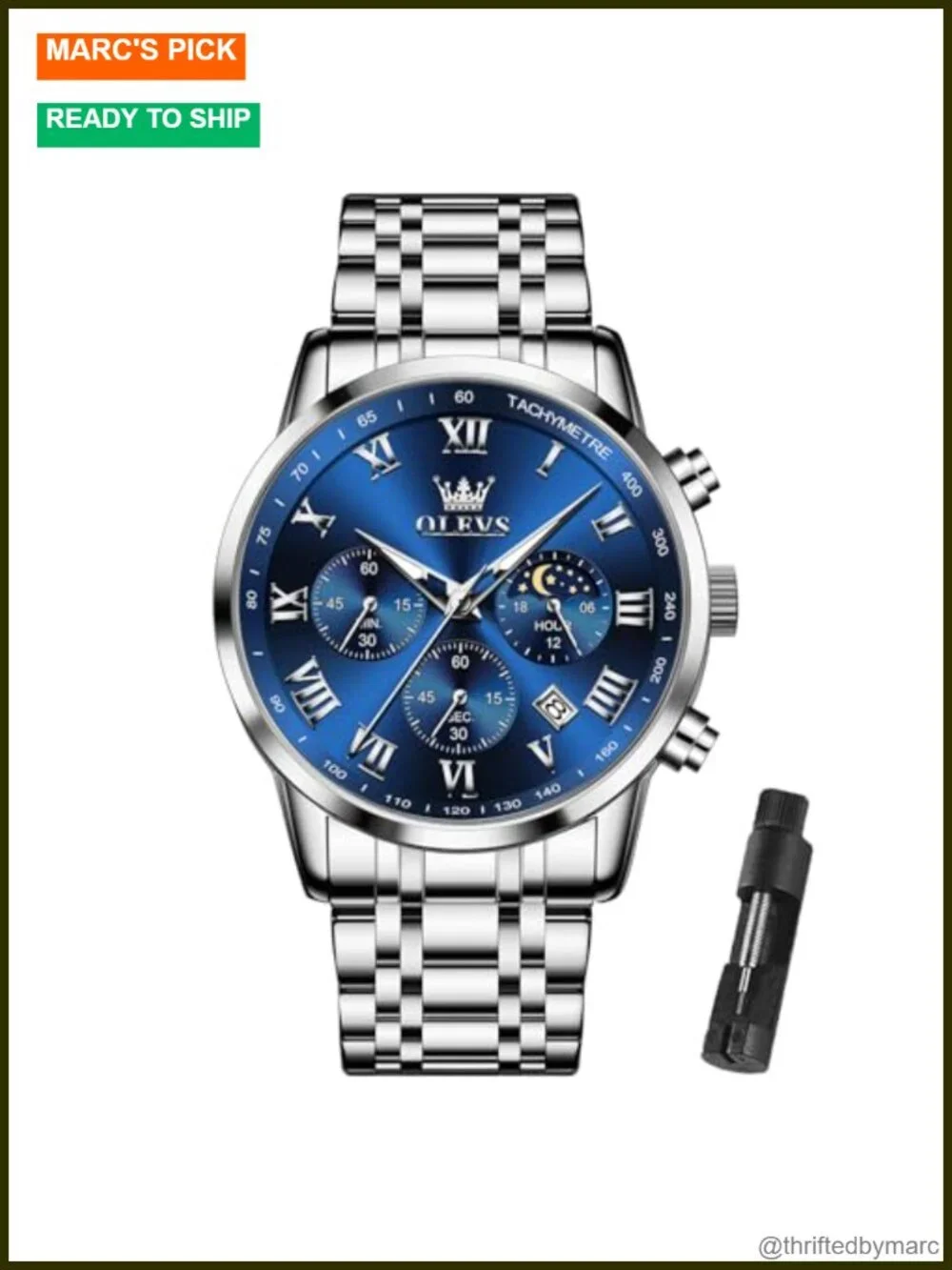 Stainless Steel Chronograph Watch, Roman Numerals Date Analog Quartz Dress